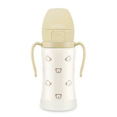 GROSMIMI 一鍵彈蓋不鏽鋼雙耳吸管學習杯, 奶油黃(小熊印花), 300ml, 1個