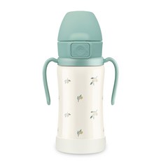 GROSMIMI 一鍵彈蓋不鏽鋼雙耳吸管學習杯, 開心果色(橄欖印花), 300ml, 1個