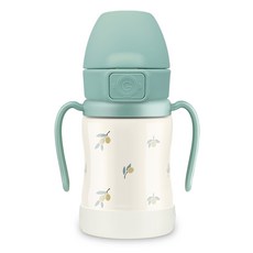 GROSMIMI 一鍵彈蓋不鏽鋼雙耳吸管學習杯, 開心果綠(橄欖款), 200ml, 1個