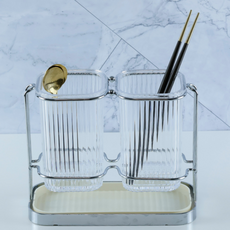 Jonipeuri 現代簡約條紋瀝水雙格餐具筒, 亮面銀色, 1個