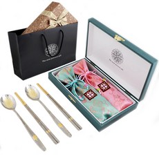 GOZIPMALL 皇室金絲圓金龜金湯匙筷2人A套餐, 1套, 湯匙筷子2組 + 筷架2組 + 金絲福字餐具套2個 + 薄荷綠收納盒 + 韓紙隨機包裝 + 購物袋, 混合顏色