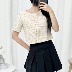 피어니스트 여성용 넥 로우 트위드 크롭 반팔 자켓