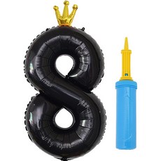 joyparty J Balloon銀箔皇冠數字氣球 大 8+手動打氣筒組, 1組, 氣球(黑色)+打氣筒(隨機出貨)