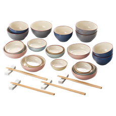 CROWNFORD ENGLAND Nobility家庭餐具4人組, 藍色 + 灰色 + 天藍色 + 黃色 + 粉紅色, 飯碗 + 湯碗 + 餐盤 + 筷架 + 筷子, 1組