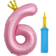 제이벌룬 銀箔皇冠數字氣球 大 6 + 手動打氣筒套組, 1套, 粉紅色(氣球), 藍色(手動打氣筒)