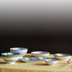 Umai Shoku Kaze 1人餐具組 6件組, 藍色, 橘色, 飯碗 + 湯碗 + 大菜盤 + 中菜盤 + 魚盤 + 醬料碟, 6個