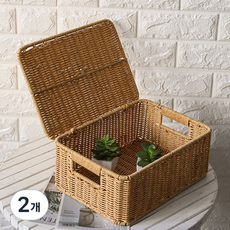 달빛마켓 내츄럴 사각 볼튼 손잡이 뚜껑 라탄바구니, 베이지, 2개