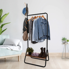 AOTTO 創意傢俱 日式簡約落地衣帽架, 三合一衣帽置物架, 木質掛鈎, 加粗鐵管, 三角穩固結構, 64 x 41 x 175cm, 黑色