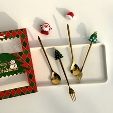 Kooleepool 聖誕不鏽鋼甜點餐具禮盒組 紅色B款, 湯匙 2入+叉子 2入, 1組