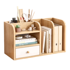 AOTTO 創意傢俱 大容量多格收納單抽桌上書架 橡膠木色+白色抽屜, TA-014, 62 x 24 x 34cm