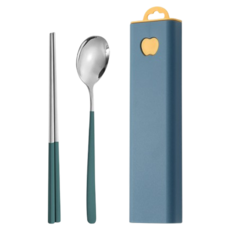日常適用攜帶式便當餐具組, 1套, 湯匙 + 筷子 + 餐具盒, 深藍色