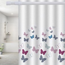 SUNDECO 防水浴簾+浴簾環 12入+彈簧式伸縮桿, 蝴蝶款, 1組