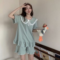 Elsso 女款荷葉邊百褶蝴蝶結短袖可愛睡衣兩件式套裝