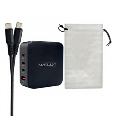WELLY 威力 氮化鎵 四孔極速充電組 附收納袋 充電頭 + 充電線 GAN07-140W 67 x 63 x 31mm 220g, 黑色, 1組