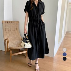 afinar 女款排扣短袖襯衫洋裝, 黑色