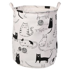 小麥購物 圖騰圓筒衣物摺疊收納籃 L2474, 1個, 貓咪 白色