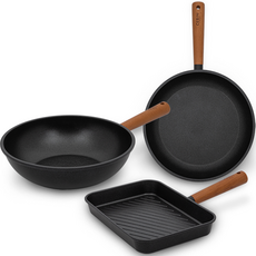 QUEEN SENSE IH電磁爐適用Arena單柄鍋具3件組, 黑色, 平底鍋 28cm+炒鍋 28cm+方形煎鍋 29cm