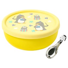 KOM 316不鏽鋼兒童隔熱碗, 企鵝(黃), 矽膠上蓋 + 湯匙, 1組