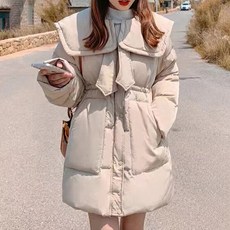 메이첼 여성용 케이프 카라 리본 타이 루즈한 하프 패딩 점퍼 01862