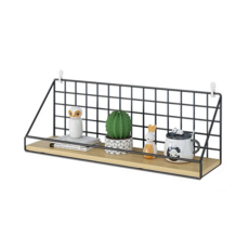 工業風鐵藝牆面置物架 木質 附掛勾, 44.5 x 10 x 14cm, 06網格黑