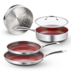 Cookcell 紅色電磁爐適用平底鍋5件組, 24cm平底鍋 + 28cm平底鍋 + 24cm單柄深鍋 + 24cm蒸盤 + 24cm玻璃鍋蓋, 1套, 混合色