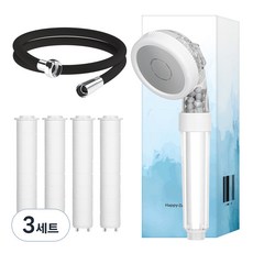 HappyDarling 3WAY濾芯蓮蓬頭+濾芯 4個+替換蓮蓬頭軟管 2m組, 3套, 黑色（軟管）