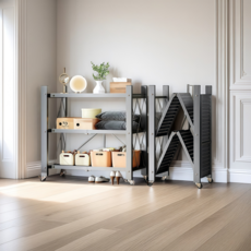 Icoji 一鍵式折疊多用途移動式鐵製層架, 黑色, 3層