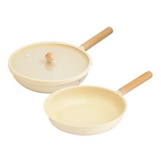 MASIONS 美心 TERRA系列 奶油厚釜鑄造不沾鍋雙鍋組 炒鍋28cm + 平底鍋28cm + 矽膠玻璃蓋, 炒鍋 + 平底鍋 + 矽膠玻璃蓋, 奶油色, 1組