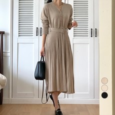 afinar 女款修身附腰帶百褶針織長版連身裙, 卡其色