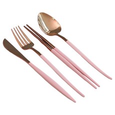SSUEIM Mariebel系列 不鏽鋼餐具4件組, 湯匙1支 + 筷子1雙 + 叉子1支 + 刀1支, 粉紅色, 1組