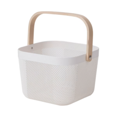 木柄手提籃 時尚塑料木質鐵件, 24.6 x 24.2 x 18.2cm, 白色, 1個