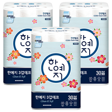 Hanyeji Clean&Soft 3層壓紋捲筒衛生紙, 30m, 30捲, 3袋