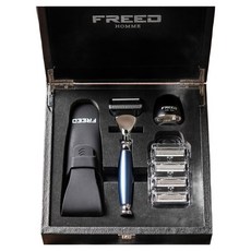 FREED 五刀式鋁合金刮鬍刀尊爵四件組禮盒，鍍鉻工藝，附專用底座，旅行套，四刀片, 1組, 1盒