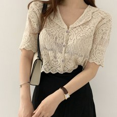 ViVEMO 女款翻領短袖蕾絲針織短版開襟衫 00917
