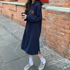 Murielle Universal大尺寸連帽長版刷毛連身裙, 海軍藍