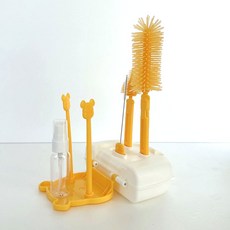 YoGoMoJi 嬰幼兒便攜式奶瓶晾乾架兼奶瓶清潔刷組, 奶瓶晾乾架 + 3種清潔刷 + 清潔刷架 + 空瓶, 小熊黃