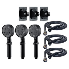 Winprice 五段水流一鍵止水輕量按摩蓮蓬頭+蓮蓬頭掛架+淋浴軟管組, 3組, 黑色