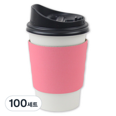 Inp 白色素面紙杯 380ml + 長型開闔杯蓋 + 粉色杯套組合, 100套