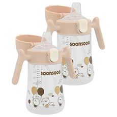 soonsooa 孩童用一觸式防漏吸管杯, 2個, 米色, 240ml