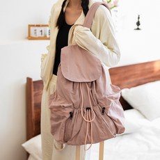 Elsso 尼龍日常抽繩輕量皺感休閒防水束口後背包, 粉紅色