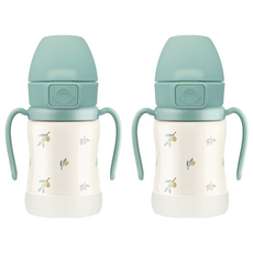 GROSMIMI 一鍵彈蓋不鏽鋼雙耳吸管學習杯, 橄欖色(開心果款), 200ml, 2個