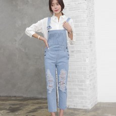 잘빠진 여성용 디스트로이드 연청 멜빵 바지