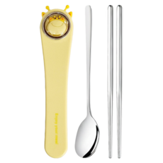 萌趣動物便攜餐具長頸鹿 兒童餐具 外出便攜, 收納盒 + 筷子 + 湯匙, 1組, 淺黃色 + 銀色