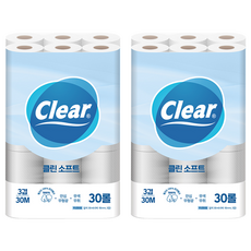 Clear 3層潔淨柔軟天然紙漿衛生紙, 30m, 30捲, 2個