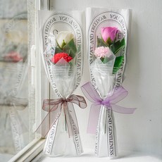 ASPASIA 香皂花 Corinne 玫瑰康乃馨雙花花束 + 留言插牌 + 購物袋套組, 紅色 + 紫色, 2個