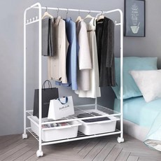 德利生活 多功能落地鐵藝可移動掛衣帽收纳架 網板 + 收納盒 2個, 簡約白
