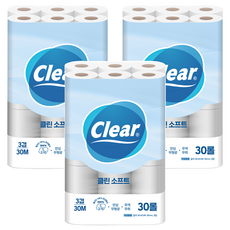 Clear 3層潔淨柔軟天然紙漿衛生紙, 30m, 30捲, 3個