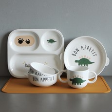 DOHO D-BONA 幼兒餐具組, 恐龍, 分格餐盤+圓餐盤+飯碗+湯碗+杯子