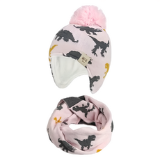 兒童款 恐龍圖案 保暖毛帽 + 圍脖 Set 針織, 粉侏儸紀, L(帽 48~53cm + 圍脖 48~54cm)