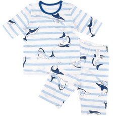 Maykids 童款印花竹節棉2件式7分袖套裝 驚嚇鯊魚款